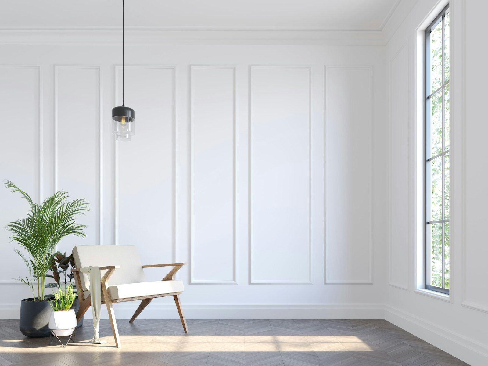 Bright white room with smooth painted walls and decorative wall panels
