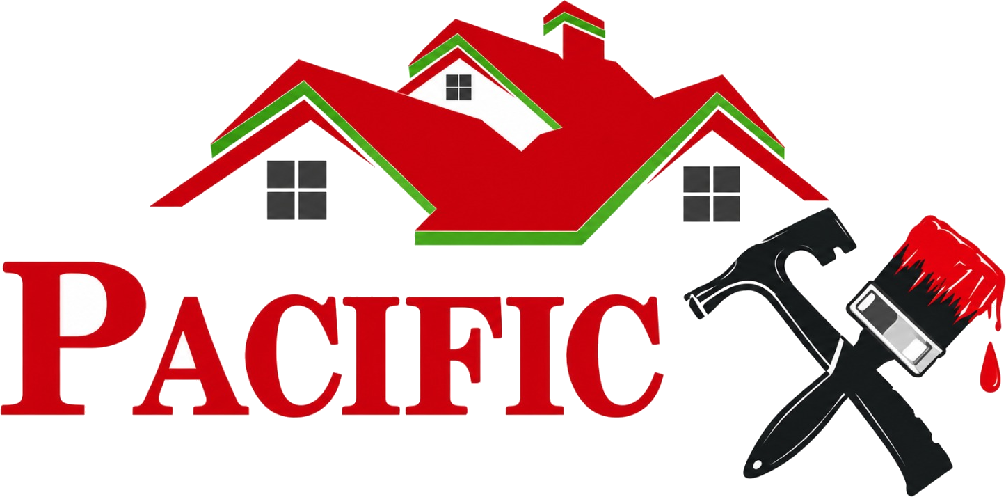 Pacific Drywall & Painting Inc. logo: red roof, PACIFIC in red and DRYWALL & PAINTING INC. in green